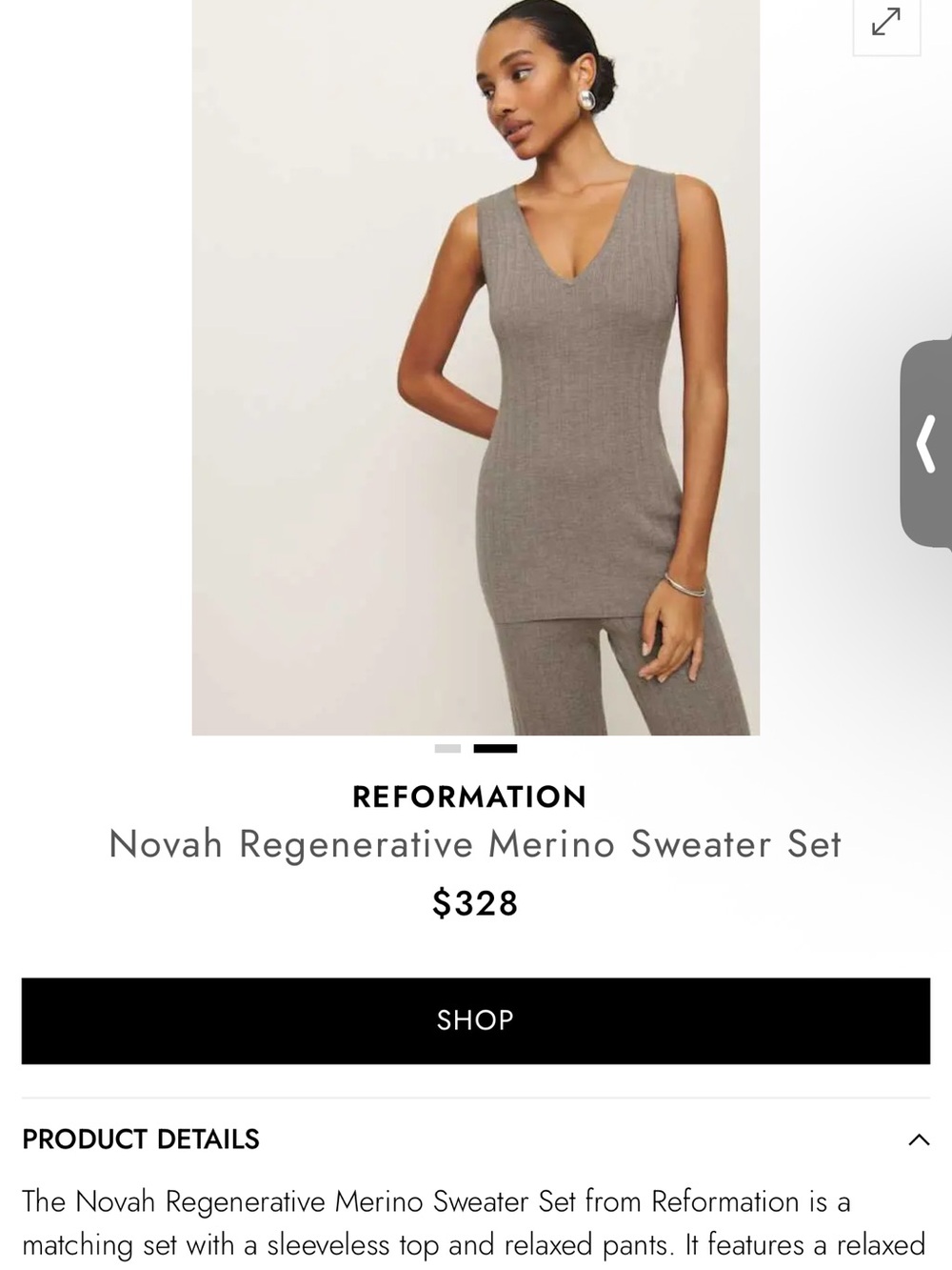 Reformation Novah Taupe Ribbed Wide-Leg Knit Set - Picture 2 of 6